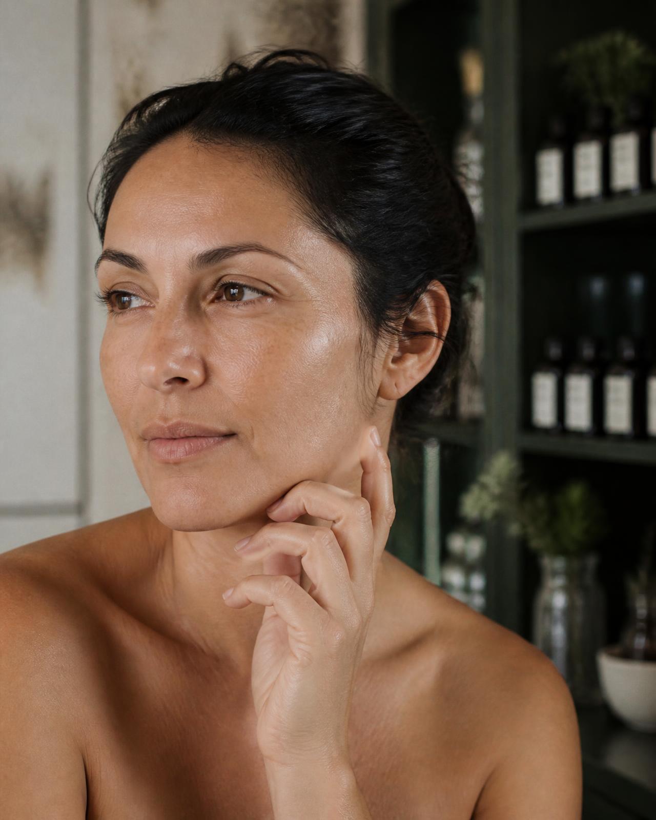 Mujer con piel natural en una farmacia de autor